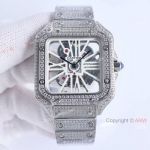 Luxury Cartier Santos 100 Skeleton Bust Down Full Diamond Watch 40mm White Dial